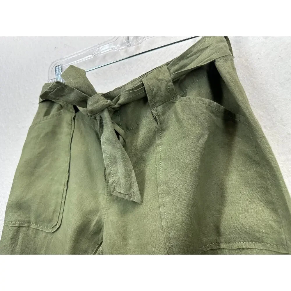 Banana Republic Cropped 100% Linen Pants Satin Waistband & Ankle Ties. Size 8P